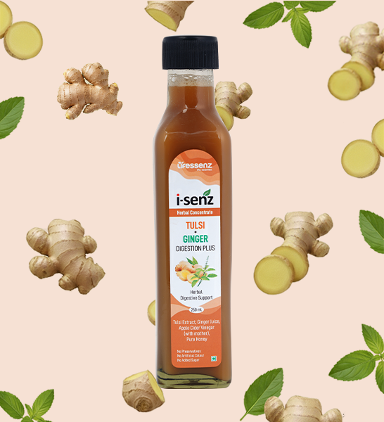 Tulsi and ginger blend with ACV and honey to support digestion, throat comfort, and daily wellness.